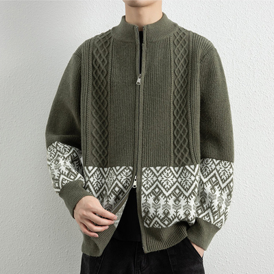 男士拉链针织开衫时尚休闲宽松提花复古绞花不起球不变形毛衣外套