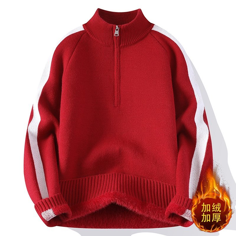 毛衣男款冬季加绒加厚保暖拉链半高领打底衫红色本命年中领毛线衣