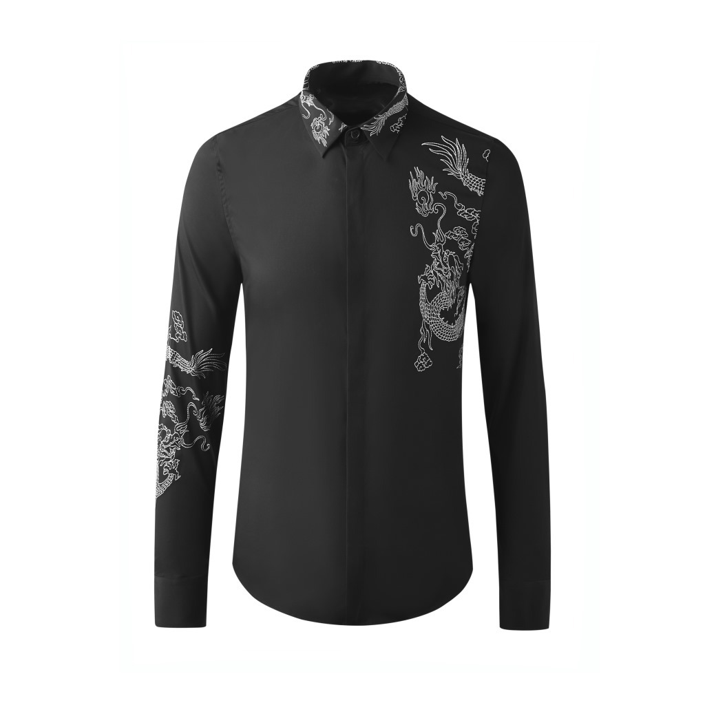 男士衬衣长袖高端上档次轻奢男装龙纹刺绣黑色衬衫痞帅高级感衫衣