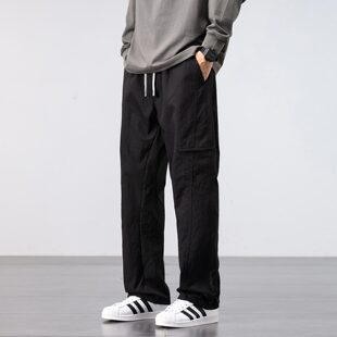 裤子男款爆款2026新款宽松直筒休闲裤春秋季多口袋系绳纯色工装裤