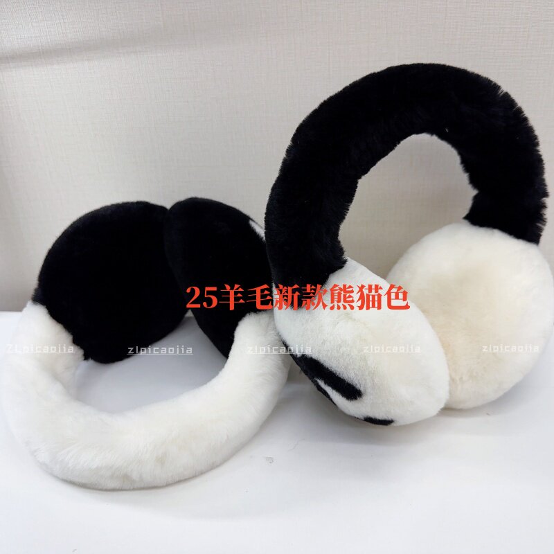 25熊猫色100%羊毛耳罩羊毛一体耳暖冬季耳套保暖护耳女防寒耳包