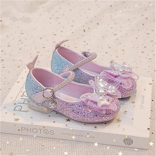 软底真皮女童公主鞋闪亮高跟鞋2026年春秋新款儿童艾莎水晶小皮鞋