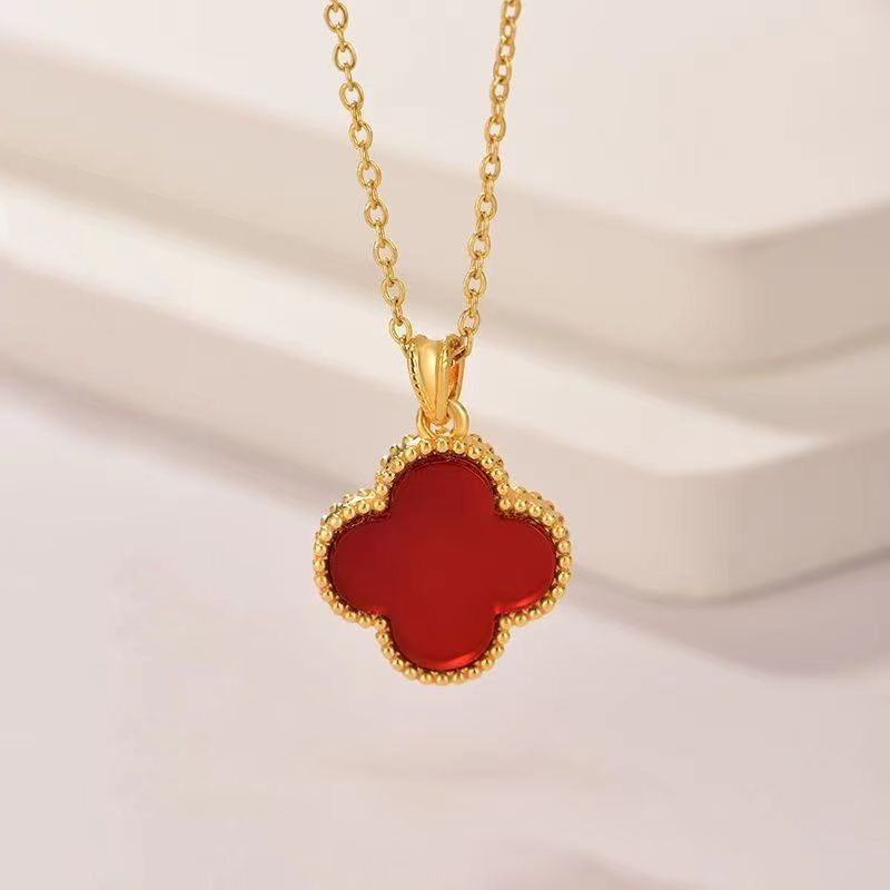 925银镀金镶嵌 天然红玛瑙四叶草耳钉吊坠简约时尚