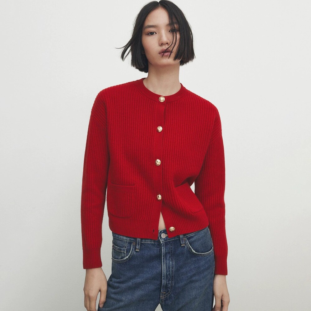 MD女装小香风红色羊毛针织开衫女长袖圆领纽扣短外套05663686600