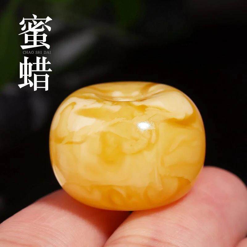 鸡油黄飘花蜜蜡老型鼓珠墩面包圈车轮珠散珠佛珠文玩手串DIY配饰