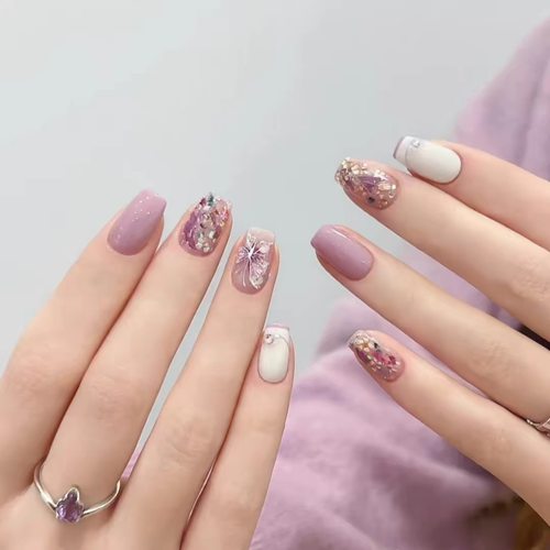 凌洛春夏新款法式蝴蝶紫色猫眼干花穿戴甲高级显白短短梯美甲贴片