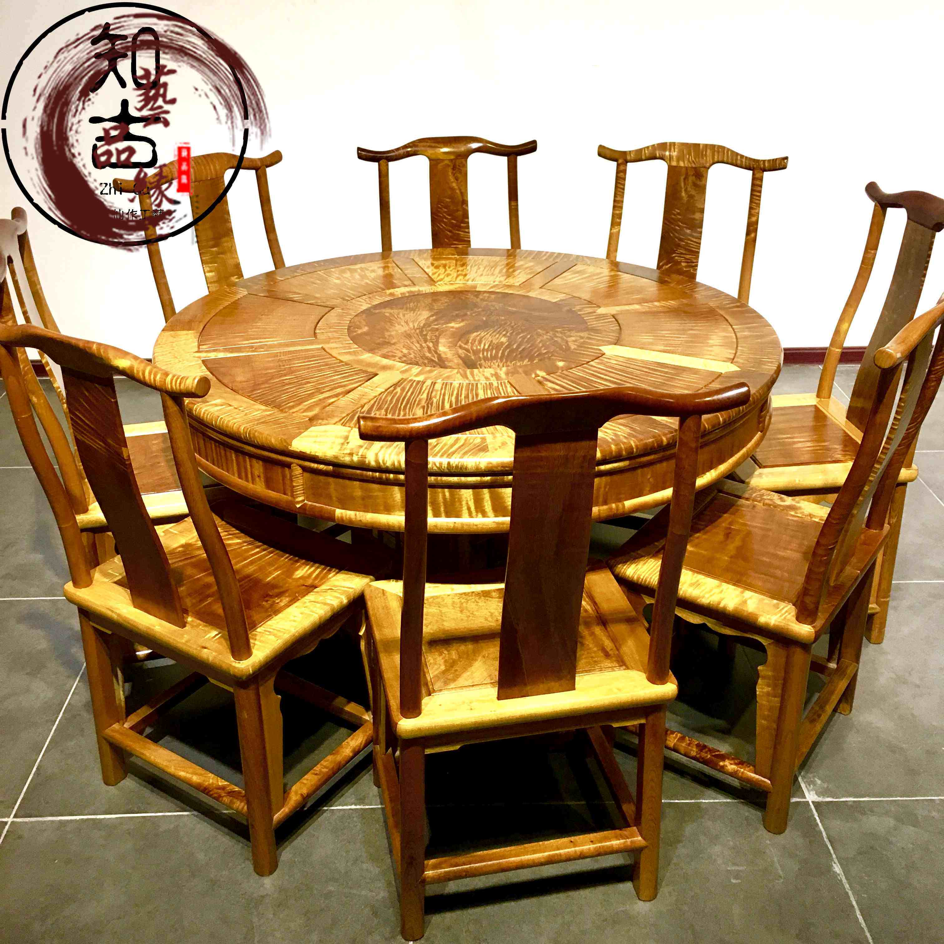 红木餐桌圆桌金丝楠中式实木家具小叶桢楠餐厅家用圆形餐桌椅组合