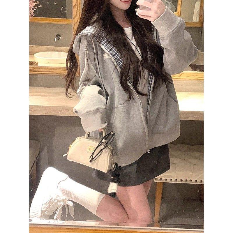 拼格大卫衣连帽外套女秋冬情侣装