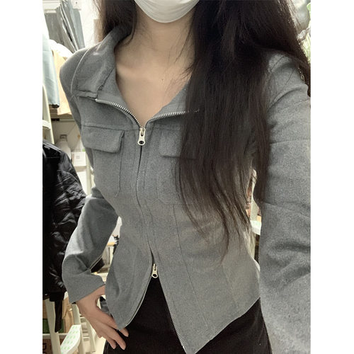灰色双拉链翻领长袖t恤辣妹上衣
