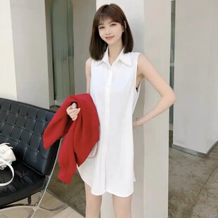 卡卡同款春秋季无袖中长款打底衬衫女内搭叠穿白色背心连衣裙衬衣