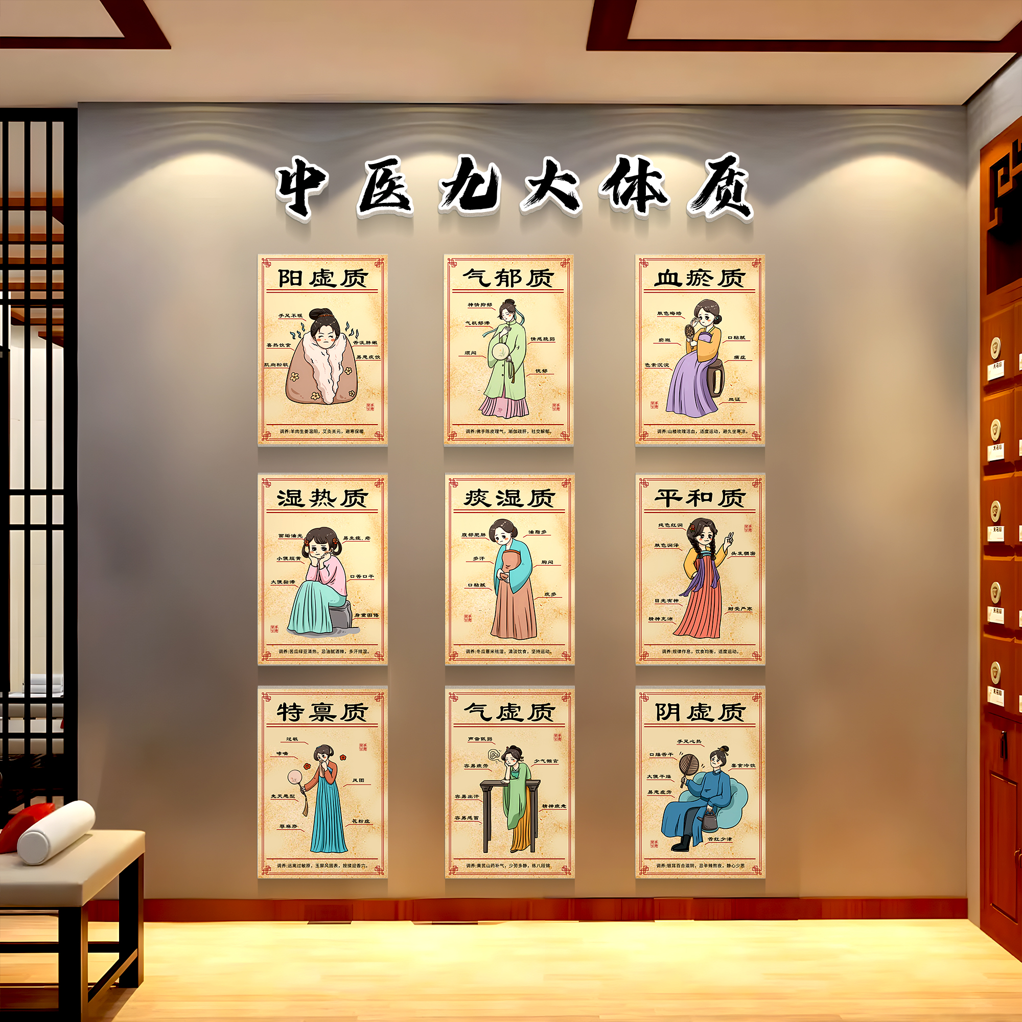 中医养生馆墙面装饰九大体质背景墙装饰画养生墙壁画贴纸氛围布置图片
