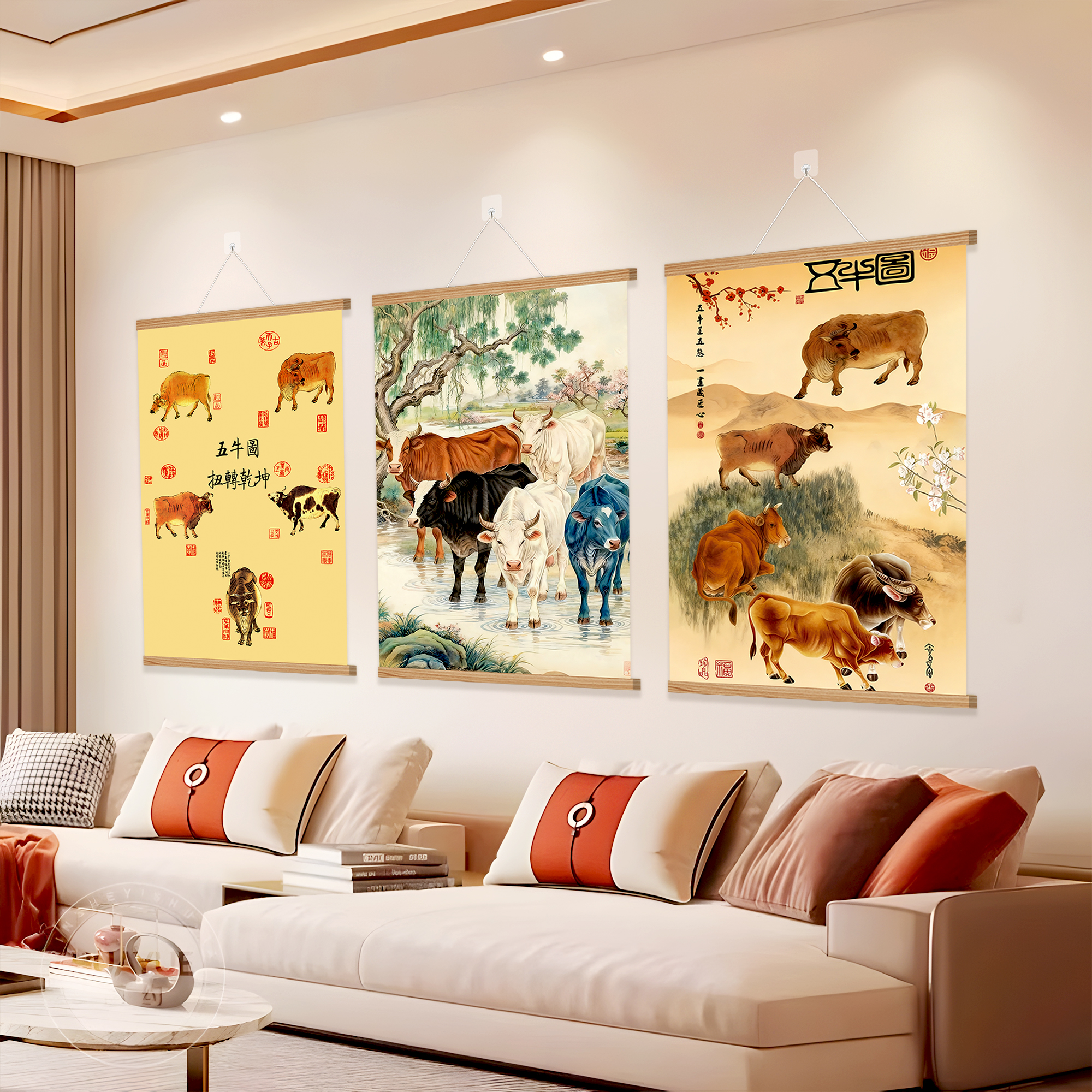 国画五牛图客厅装饰画客厅沙发墙背景挂画墙面大气轻奢高级感布置图片