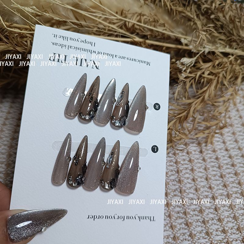 手工穿戴甲长尖型晶石猫眼透色秋冬圣诞款式朋克风可重复使用美甲