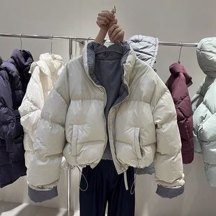 韩国东大门2025秋冬季新款立领抽绳短款宽松面包服撞色棉服外套女