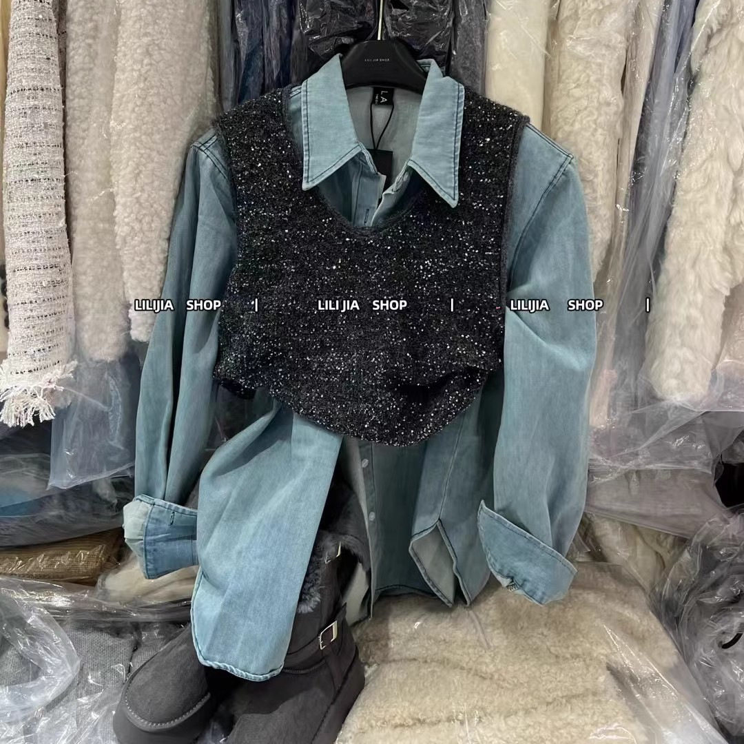 韩国东大门2025春季新款时尚亮丝针织背心马甲叠穿衬衫上衣两件套,女装/女士精品,衬衫,淘宝优惠券,粉丝福利购,淘宝优惠卷