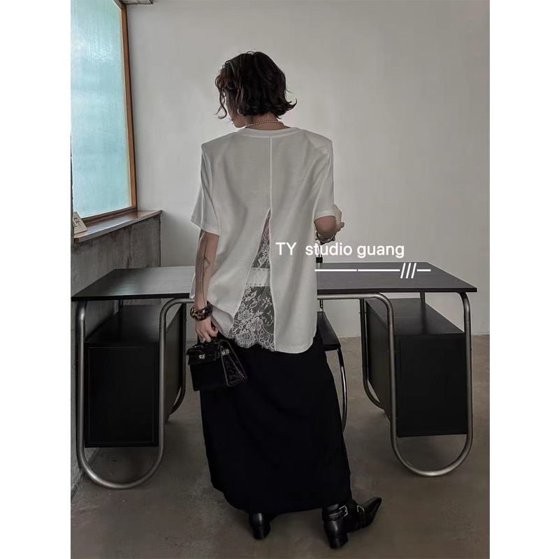 蕾丝拼接白色短袖t恤女2025新款夏季宽松显瘦设计感慵懒风上衣女
