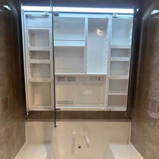 日式三折叠树脂一体镜柜可调节隔板收纳浴室镜柜人造石高背一体盆