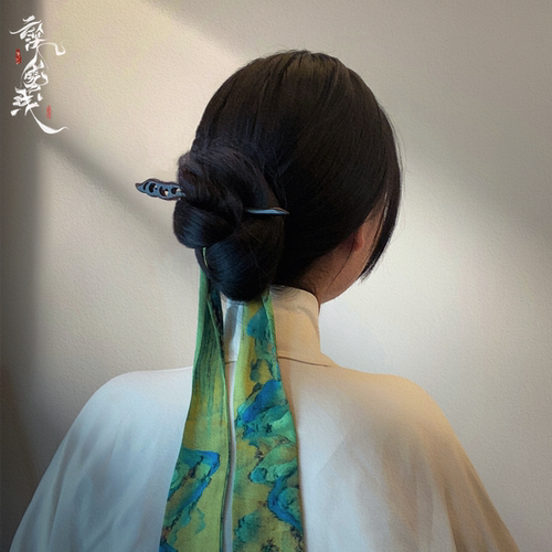 云深雾浅黑檀木发簪发带古典盘发簪子国风中式百搭盘发簪汉服丝巾 - 封面