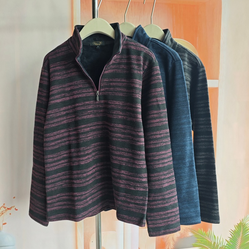 日系 秋冬加绒条纹半拉链卫衣男立领长袖百搭休闲上衣保暖
