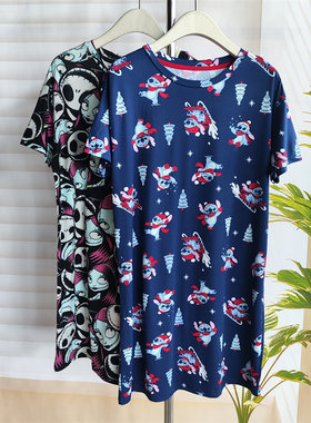欧美 夏季卡通风短袖睡裙夏季圆领中裙卡通动漫家居服女连衣裙