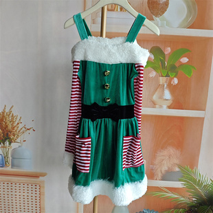 连衣裙女孩拼色节日绿色红色条纹甜美 圣诞节服装 欧美风 冬季