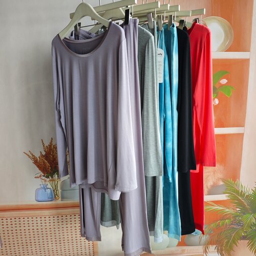 欧美风 春秋天然竹纤维圆领长袖睡衣套装家居服大码柔软女弹力