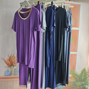 欧美 夏季竹纤维圆领短袖睡衣套装女柔软舒适家居服大码