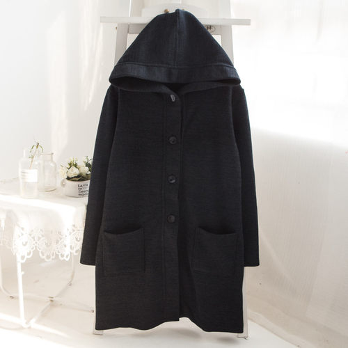 日本纯色直筒女士连帽加绒长外套