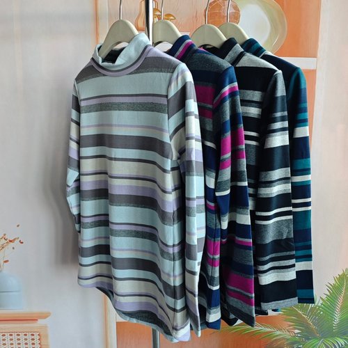 日系条纹半高领长袖加绒保暖卫衣女秋冬设计感上衣大码打底外穿