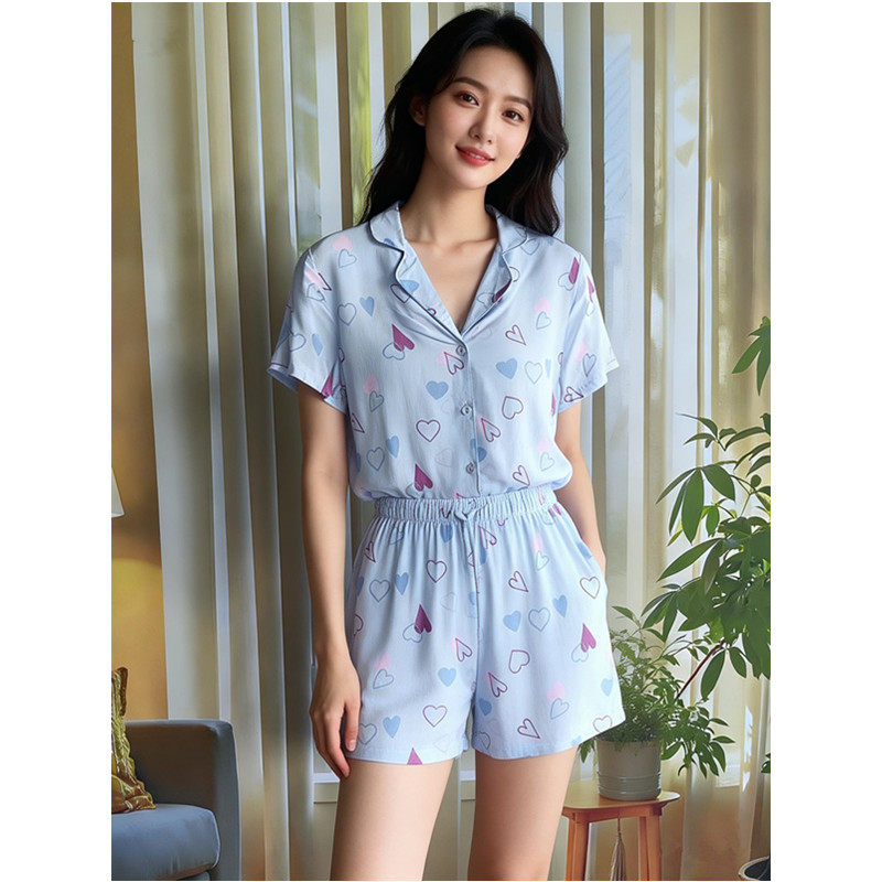 澳洲舒适居家风短袖开衫睡衣女夏季薄款透气家居服套装大码女装1
