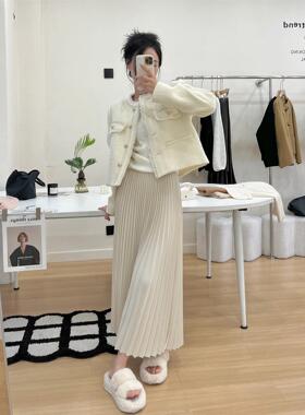 春夏款百褶裙白色半身裙女高腰显瘦设计感半裙气质a字裙垂感长裙