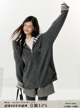 ELEVEN SLEEP海军领灰色针织外套女秋季韩系条纹开衫毛衣长袖上衣