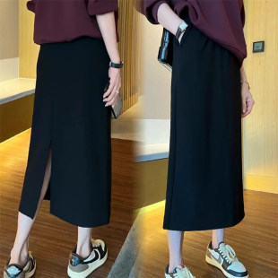 叉直筒 A字半身裙女春夏小个子胖mm高腰显瘦后开 大尺码 黑色中长版