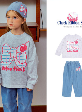 现货BE25秋冬新品韩国童装女童浅灰蝴蝶结卫衣中小童蓝色休闲裤子