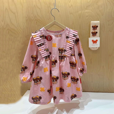 现货春夏新款女宝宝粉色满印熊棉梳织皱褶花边连衣裙女童可爱裙子