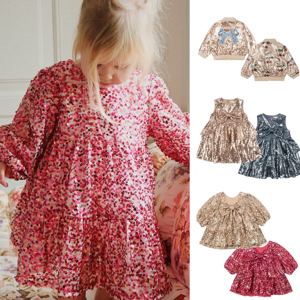 现货女童亮片连衣裙ks樱桃珠片开衫外套大蝴蝶结时尚公主裙礼服裙