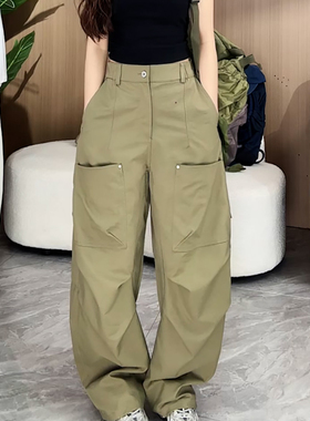 Ader军绿色工装休闲裤女2025春夏新款时尚高腰宽松大口袋阔腿裤子