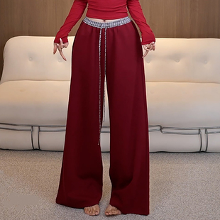 Ader松紧腰抽绳格纹拼接阔腿卫裤女2026早春新款直筒垂感休闲长裤