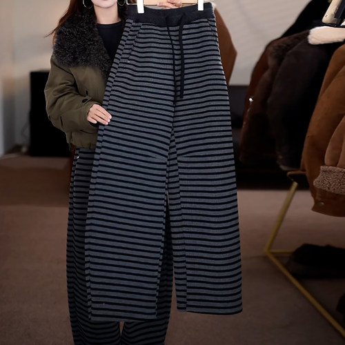 冬季加绒加厚条纹垂感阔腿休闲裤