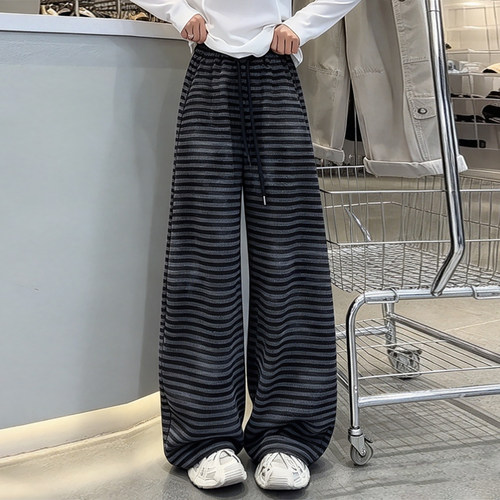 韩系松弛感高腰百搭条纹阔腿长裤