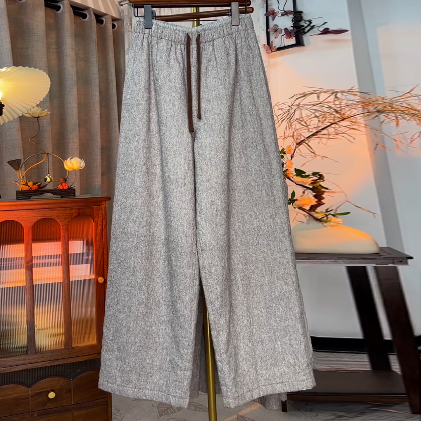 麻本色高腰宽松阔腿加厚保暖棉裤