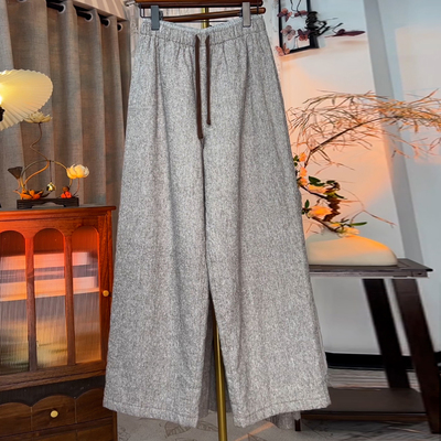 麻本色高腰宽松阔腿加厚保暖棉裤