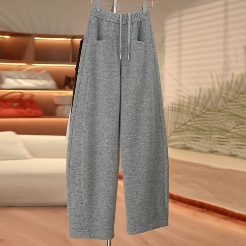 花灰色加绒加厚毛呢弯刀休闲裤