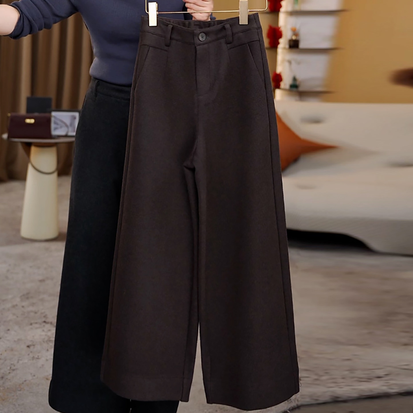 Ader摩卡棕九分毛呢阔腿裤女2025冬季新款气质简约百搭显瘦直筒裤,女装/女士精品,大码裤装,淘宝优惠券,粉丝福利购,淘宝优惠卷