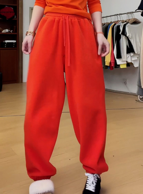 Ader橙色摇粒绒休闲裤女2025冬季新款加绒加厚保暖宽松阔腿束脚裤