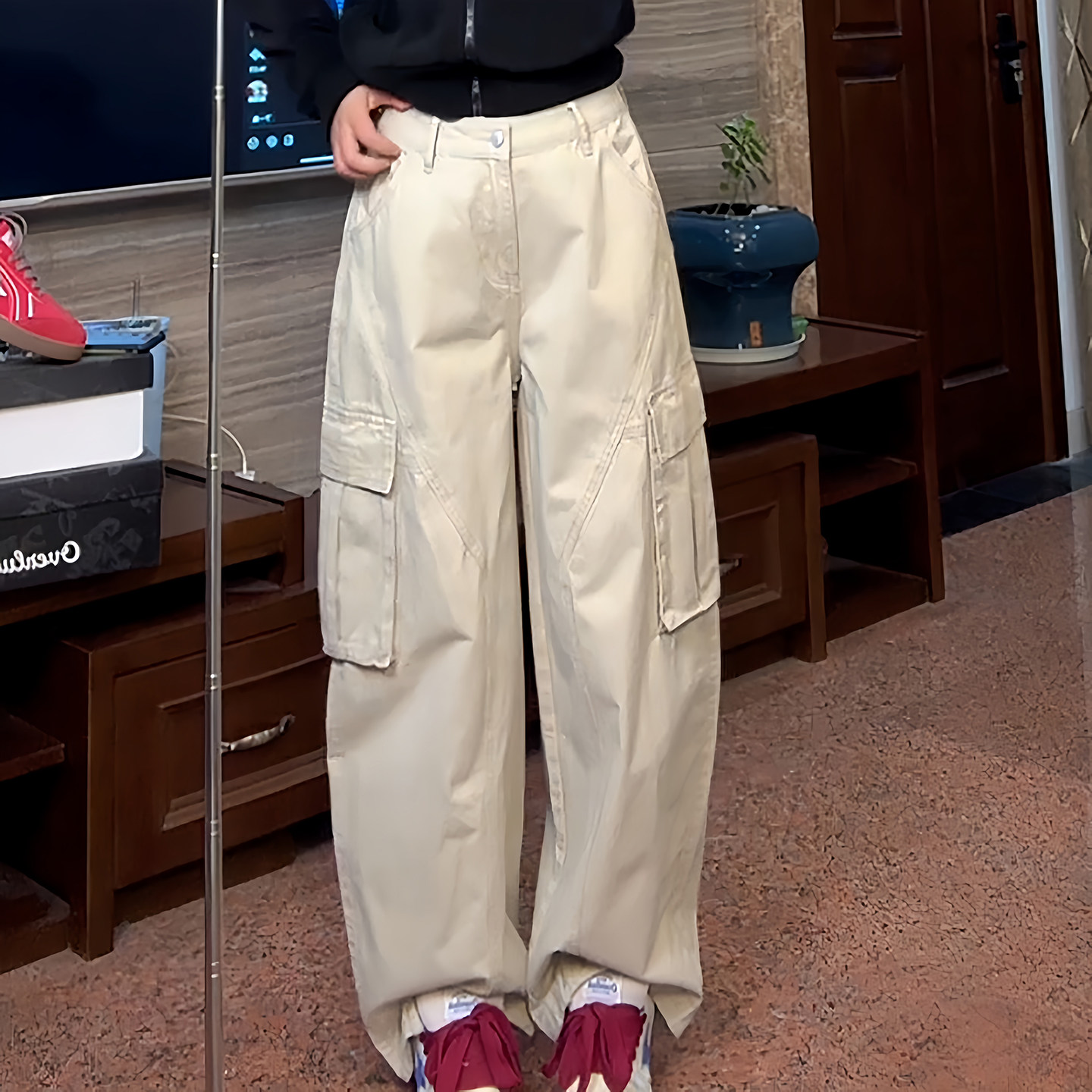 Ader美式复古工装裤女2026春季新款时尚百搭阔腿显瘦弯刀休闲裤,女装/女士精品,大码裤装,淘宝优惠券,粉丝福利购,淘宝优惠卷