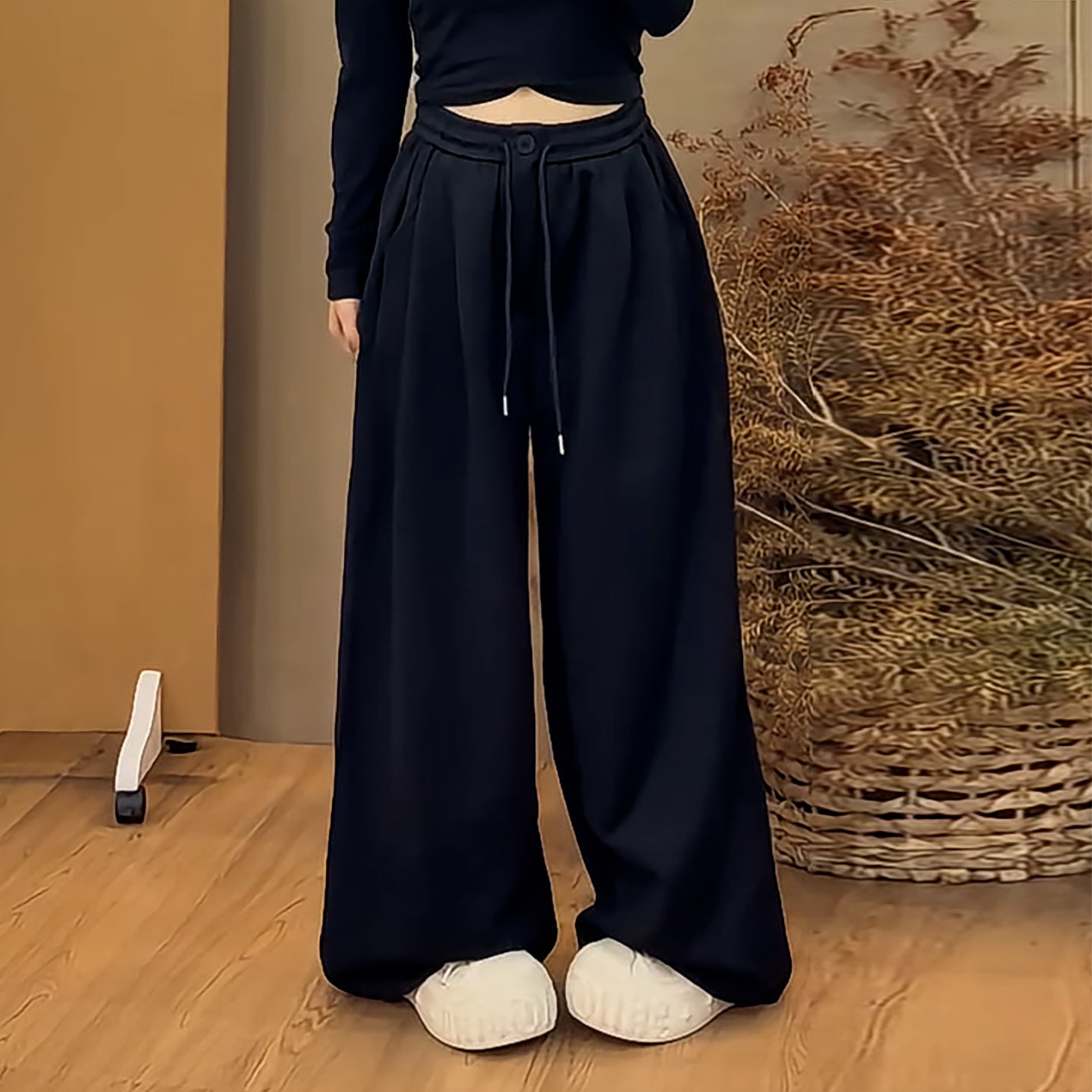 Ader黑色高腰垂感显瘦百搭休闲长裤女2026秋季新款舒适阔腿拖地裤