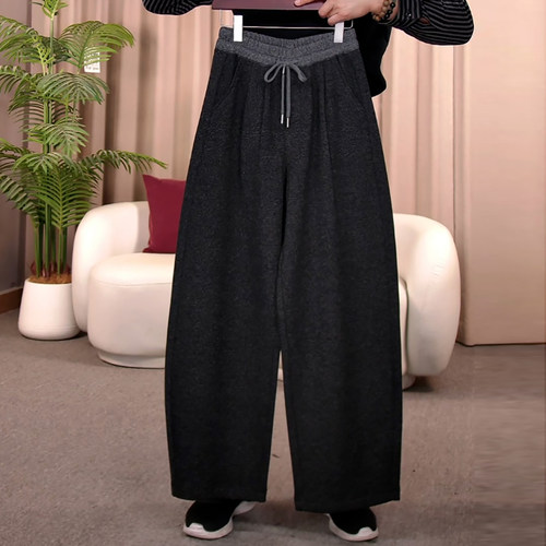 加绒加厚百搭显瘦拼色毛呢休闲裤