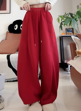 Ader红色运动阔腿弯刀裤女2026春季新款高腰宽松遮胯百搭休闲卫裤