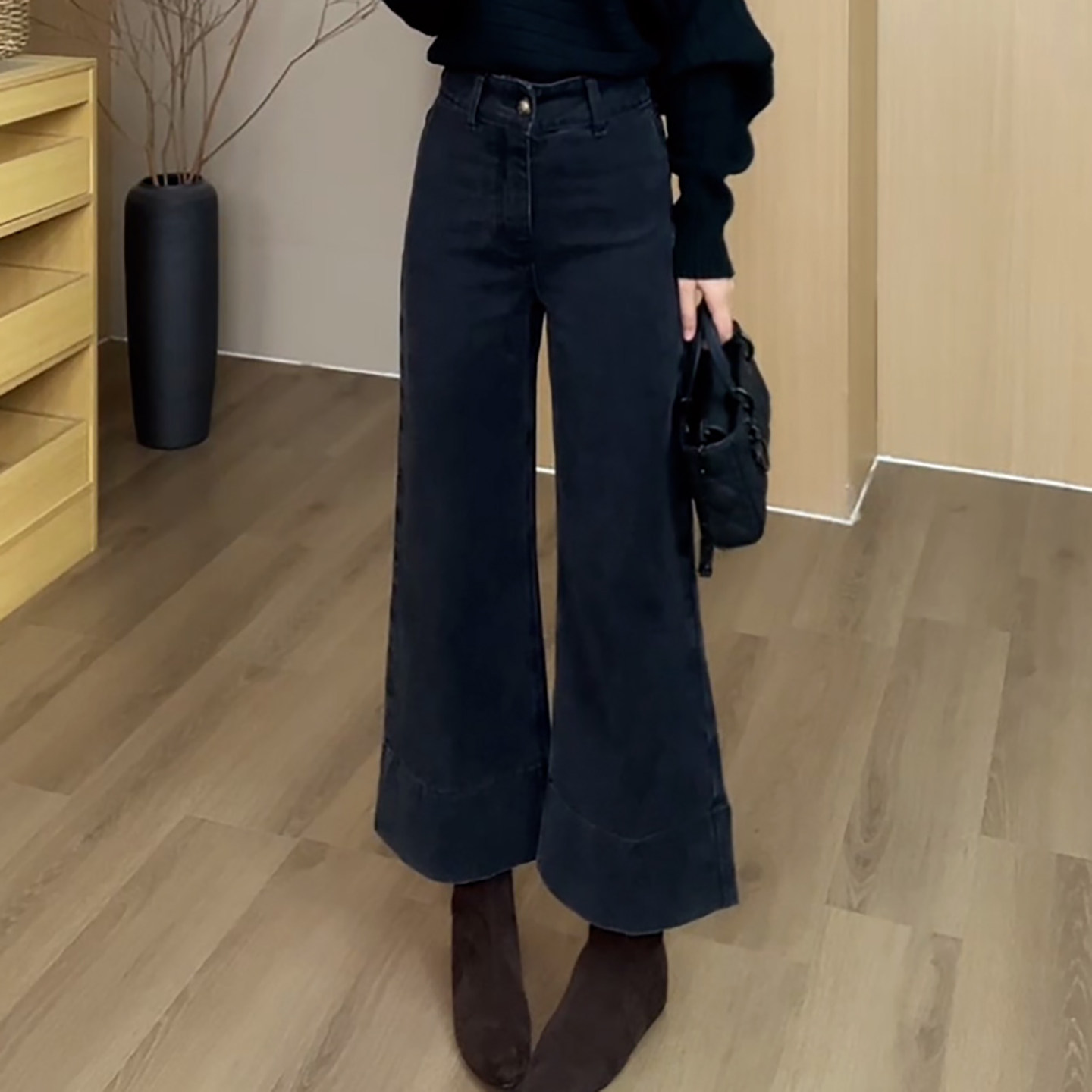 Ader烟灰色九分宽翻边牛仔裤2026春季新款时尚百搭显瘦阔腿直筒裤,女装/女士精品,大码裤装,淘宝优惠券,粉丝福利购,淘宝优惠卷
